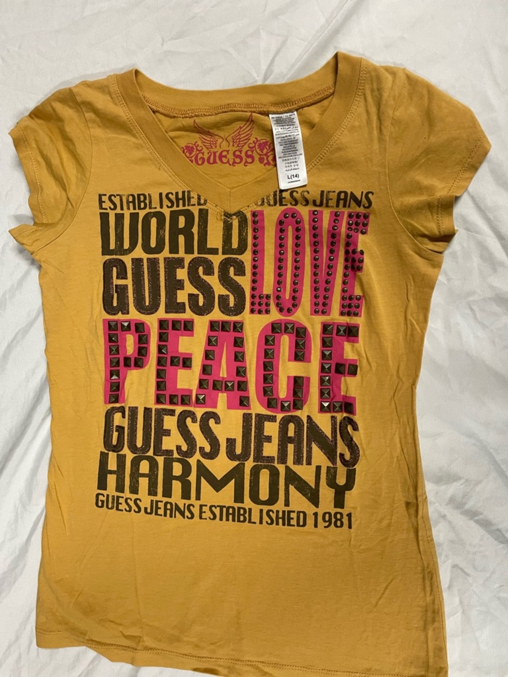 Guess Yellow Tee with Pink & Black Graphic